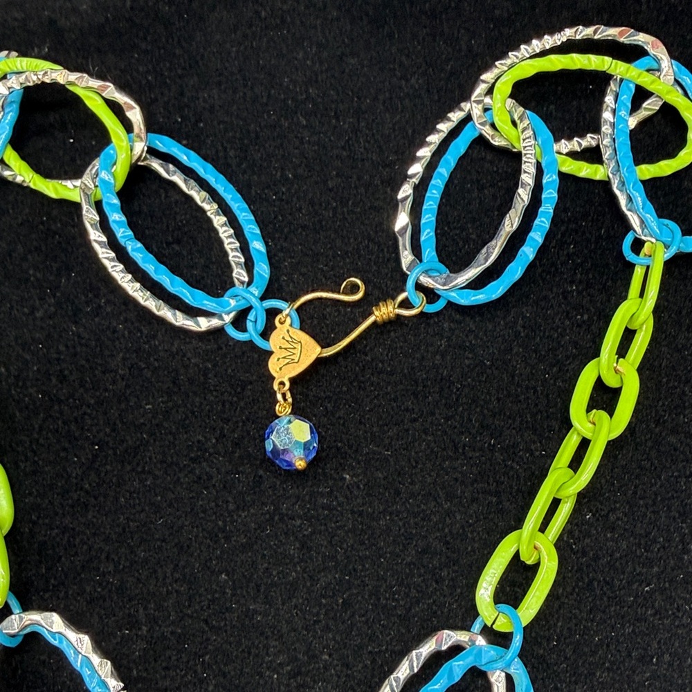 ⭐️Adorned Crown Jewelry assemblage fish blue enamel neon blue green necklace - Picture 6 of 10